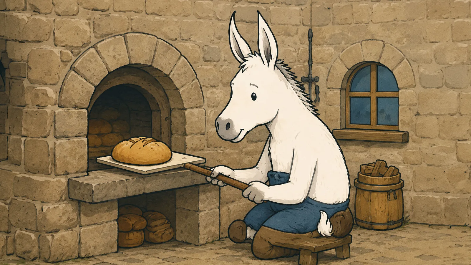 Der Esel holt ein Brot aus dem Holzofen