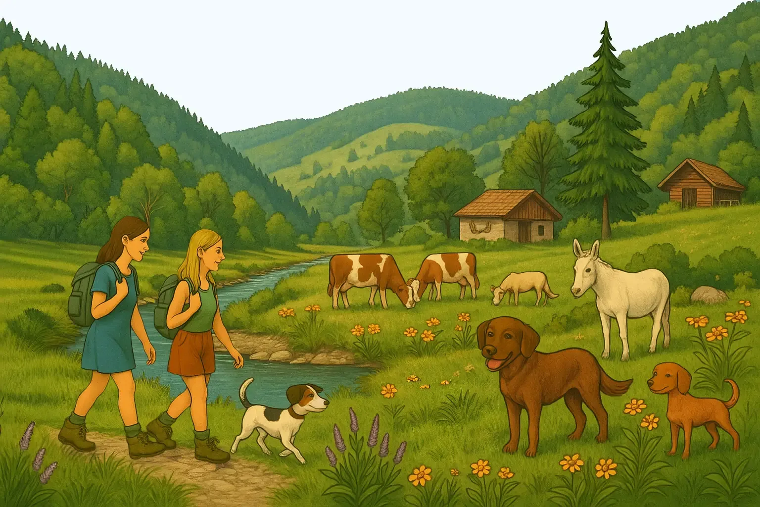 Promeneurs avec leurs chiens et un âne sur un pré près de Soubey
