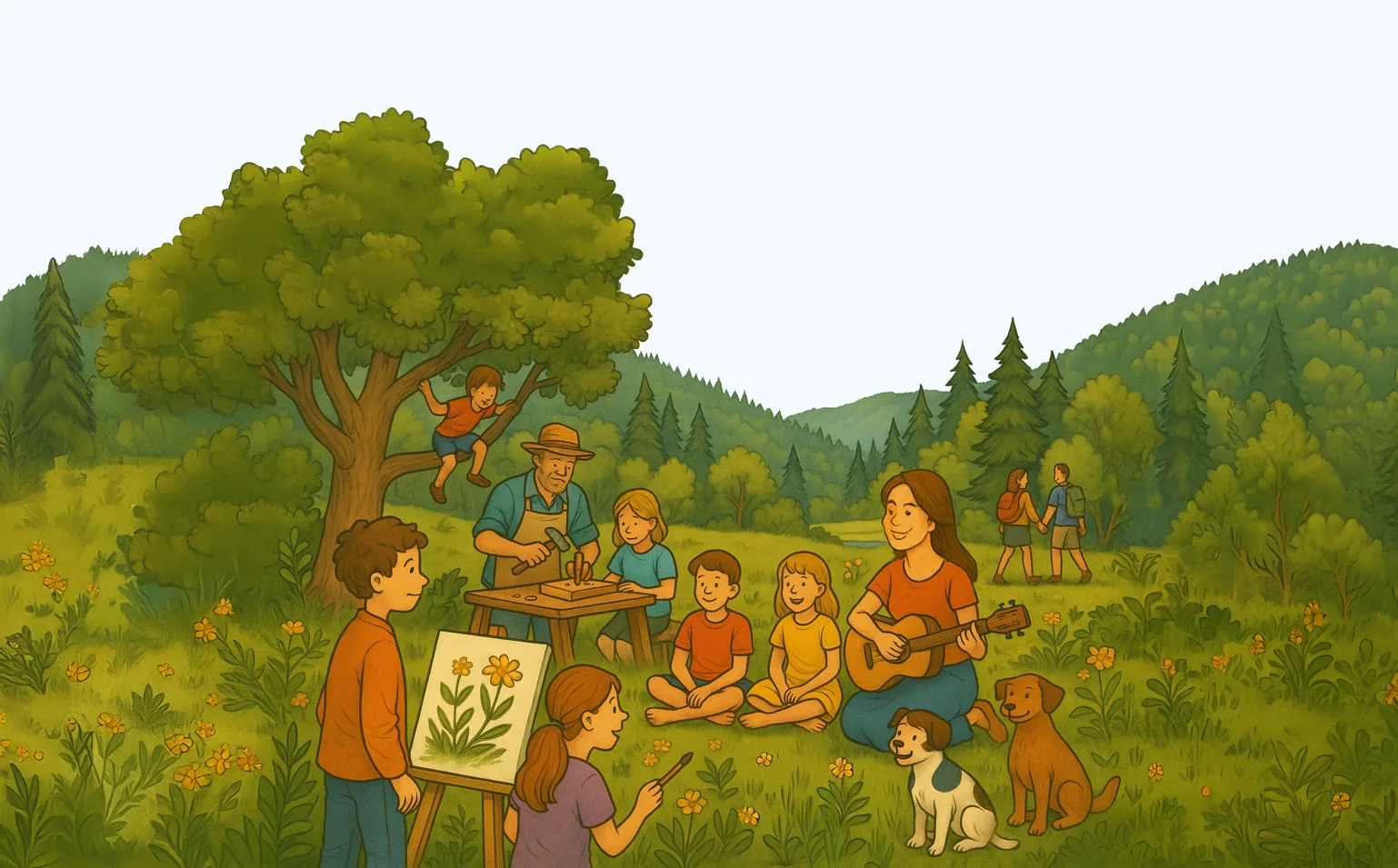 Des enfants apprennent, peignent et font de la musique dehors, sur un pré