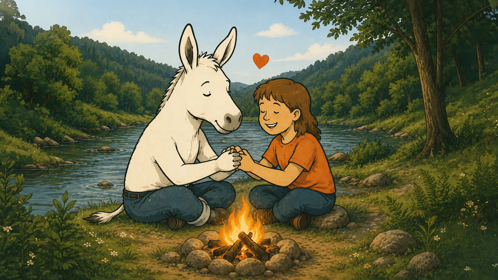 Der Esel und ein Mädchen am Lagerfeuer am Fluss